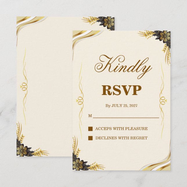 Elegant Black & Gold Wedding RSVP Card (Front/Back)