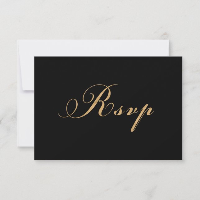 Elegant Black Gold Wedding Script RSVP Card (Front)