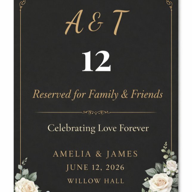 Elegant Black Gold Wedding Table Card (Black and gold floral wedding table card with elegant typography and timeless romantic charm)