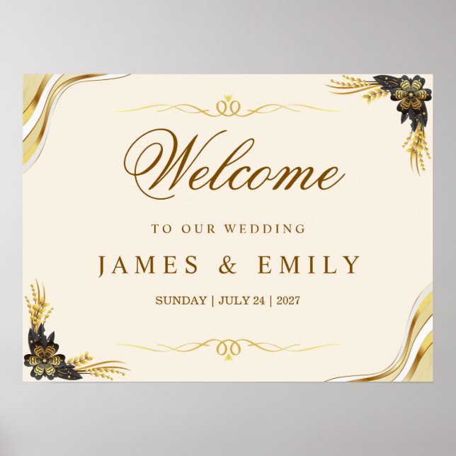 Elegant Black & Gold Wedding welcome sign (Front)