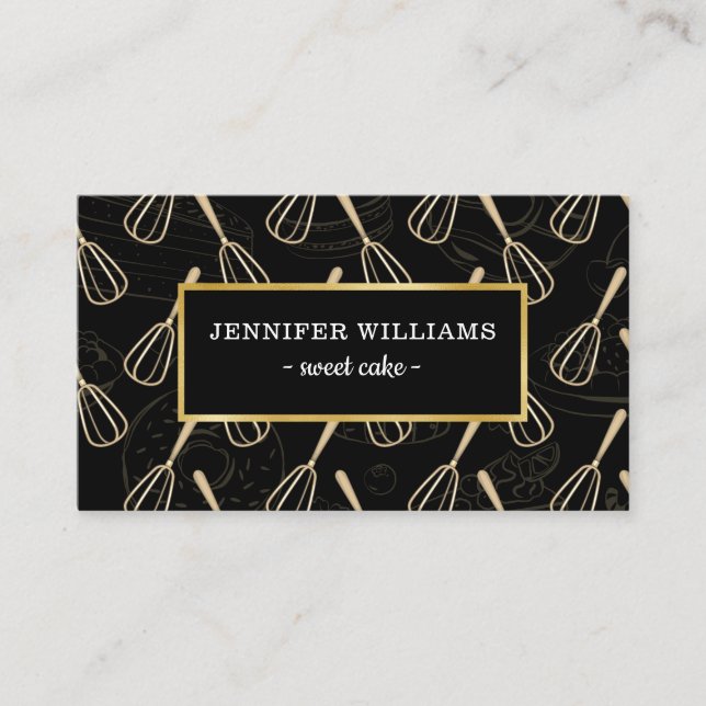Elegant Black Gold Whisk Baking Business Card (Front)