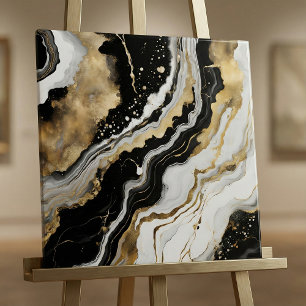 Elegant Black Gold & White Agate Marble Fluid Art Tile