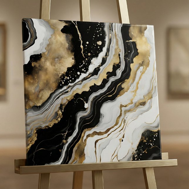Elegant Black Gold & White Agate Marble Fluid Art Tile (Creator Uploaded)