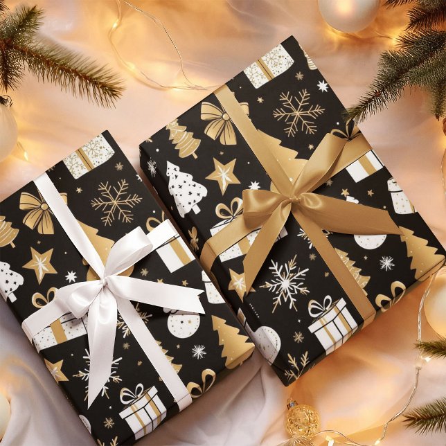 Elegant Black Gold White Christmas Line Art  Wrapping Paper (Creator Uploaded)