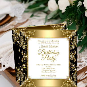 Elegant Black Gold White Pearl Birthday Party Invitation