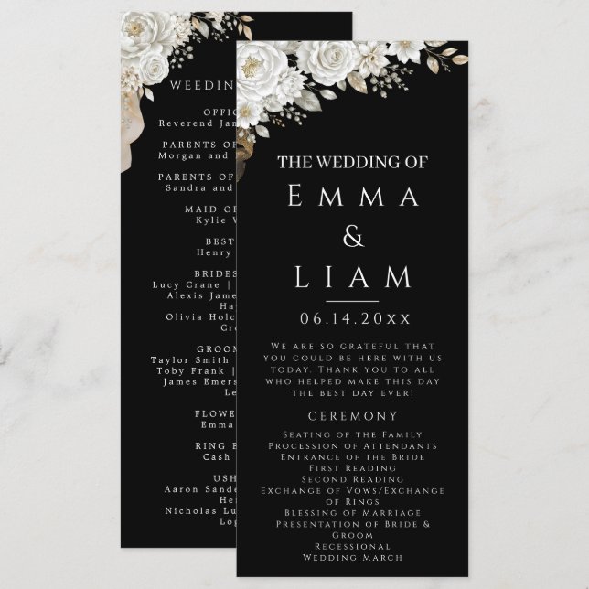 Elegant Black Gold White Rose Wedding Program Rack Programme (Front/Back)