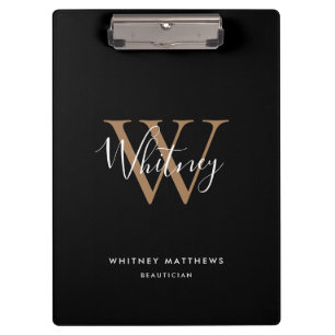 Elegant Black Gold White Script Monogram Clipboard