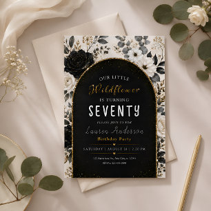 Elegant Black & Gold Wildflower 70th Birthday Invitation