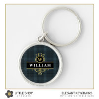 Elegant Black Gold Windowpane Plaid Monogram