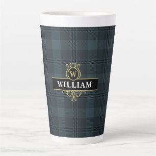 Elegant Black Gold Windowpane Plaid Monogram Latte Mug