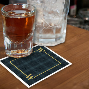 Elegant Black Gold Windowpane Plaid Monogram Napkin