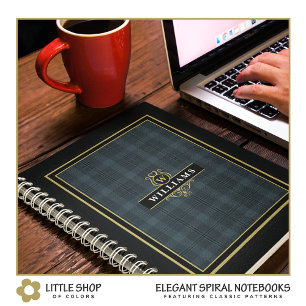 Elegant Black Gold Windowpane Plaid Monogram Notebook