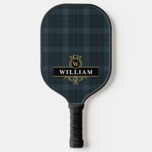 Elegant Black Gold Windowpane Plaid Monogram Pickleball Paddle