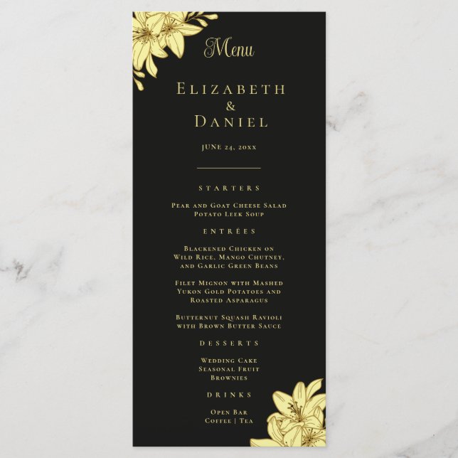 Elegant Black & Gold with Lilies Wedding Menu (Front)