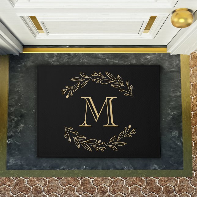 Elegant Black Gold Wreath Family Initial Monogram Doormat (elegant black and gold monogram doormat)