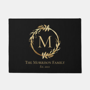 Elegant Black Gold Wreath Family Name Monogram Doormat