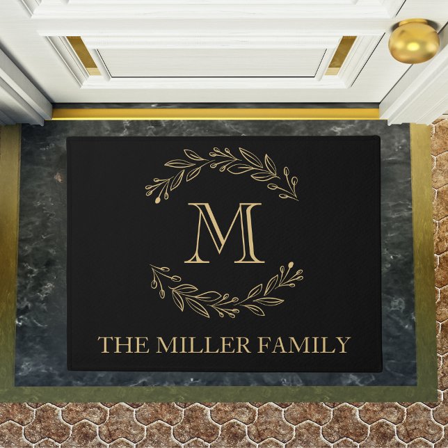 Elegant Black Gold Wreath Family Name Monogram Doormat (Elegant Black Gold Wreath Family Name Monogram Doormat)