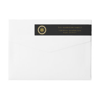 Elegant Black Gold Wreath Snowflake Return Address Wrap Around Label