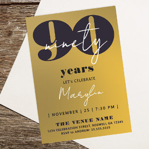Elegant Black Gold Yellow 90th Ninety Ombre Bold Invitation