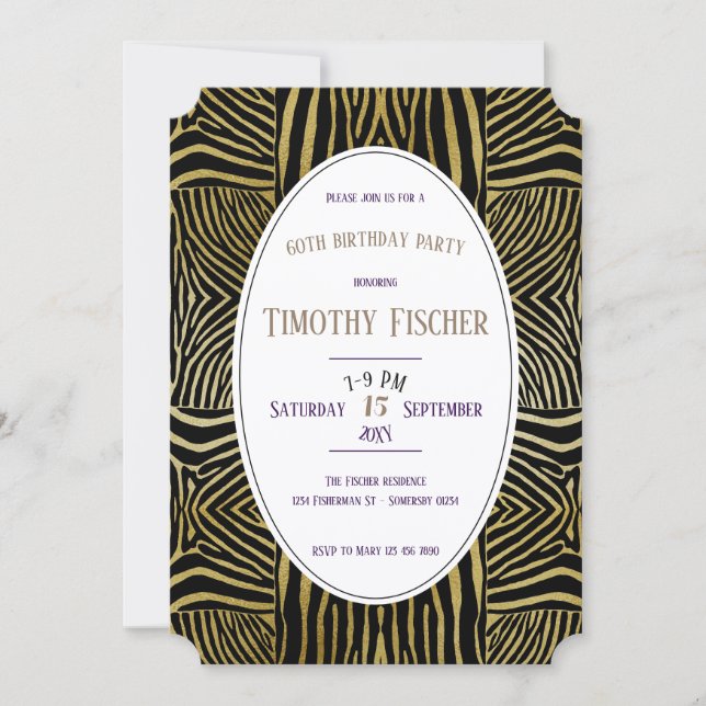 Elegant black Gold Zebra 60th birthday invitation (Front)