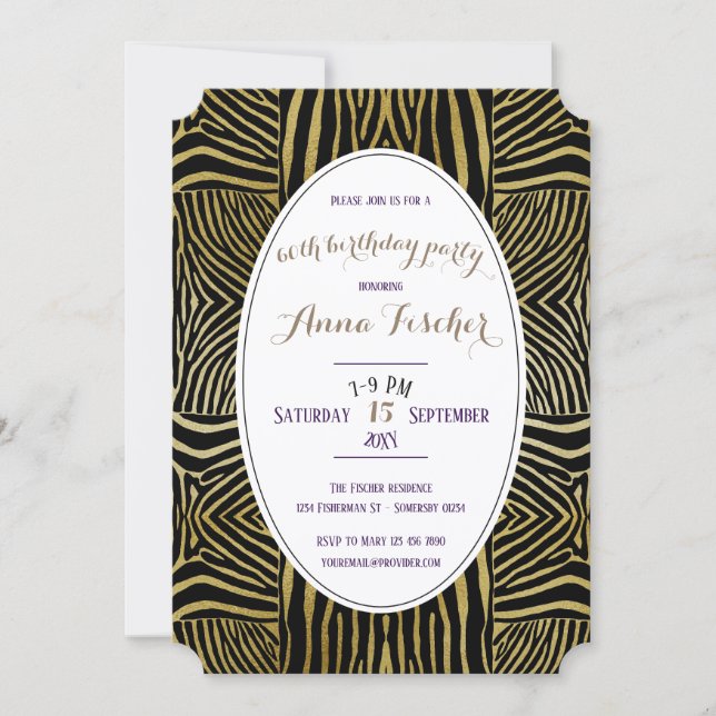 Elegant black Gold Zebra 60th birthday invitation (Front)