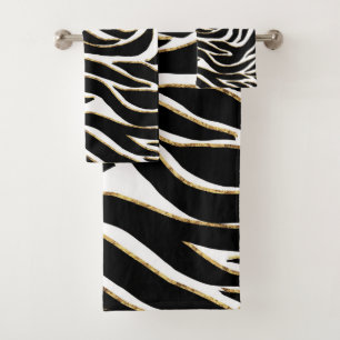 Elegant Black Gold Zebra White Animal Print Bath Towel Set