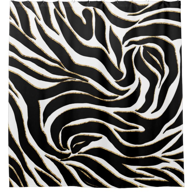 Elegant Black Gold Zebra White Animal Print Shower Curtain (Front)