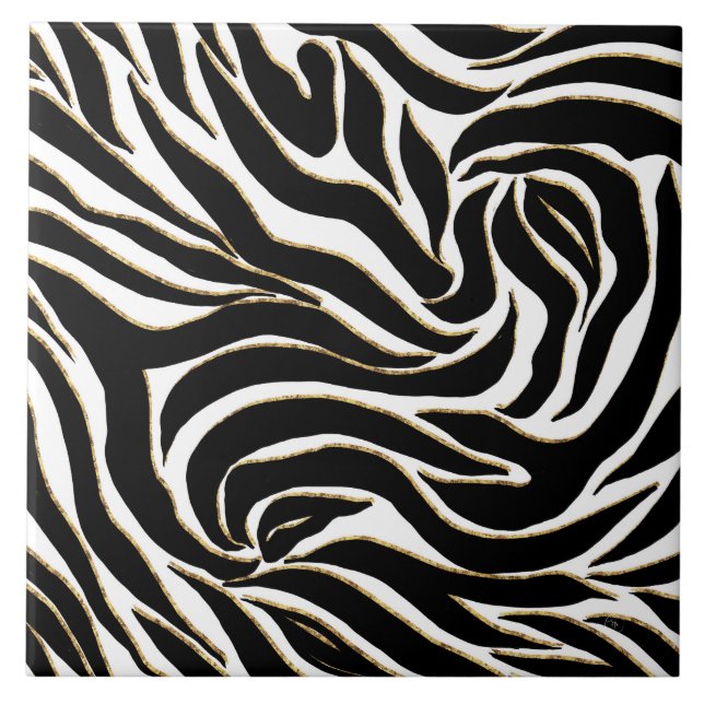 Elegant Black Gold Zebra White Animal Print Tile (Front)
