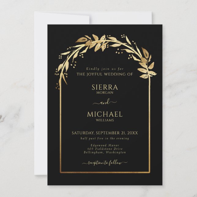 Elegant Black Golden Foliage Wedding Arch Invitation (Front)