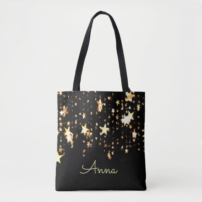 Elegant, Black, Golden stars, Personalised Tote Bag (Front)