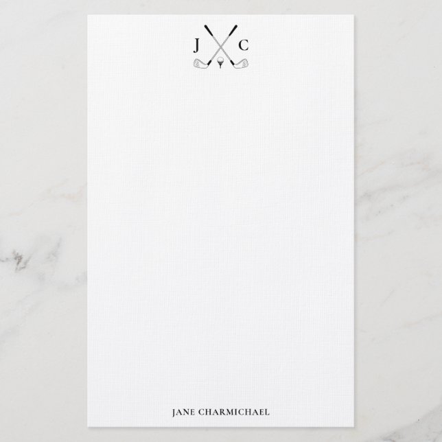 Elegant Black Golf Monogram Stationery (Front)