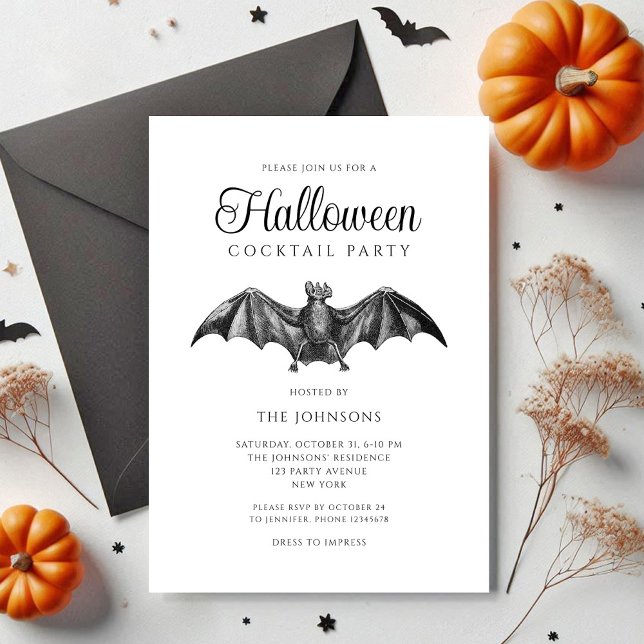 Elegant Black Gothic Bat Cocktail Party Halloween Invitation (Elegant Black Gothic Bat Cocktail Party Halloween Invitation)