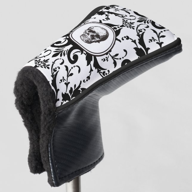 Elegant Black Gothic Damask Pattern Skull Golf Head Cover (3/4 Front)