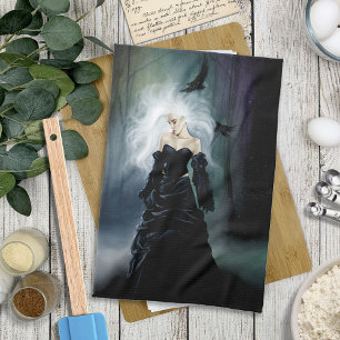 Elegant Black Gothic Mysterious Woman Ravens Mist Tea Towel