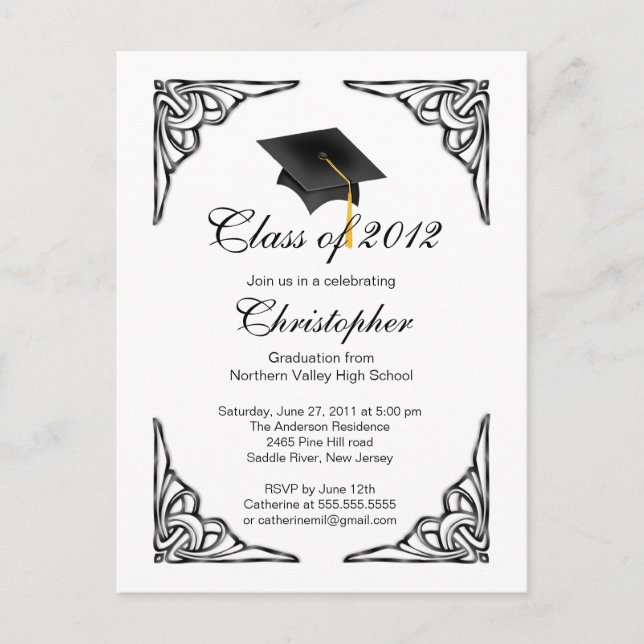 Elegant Black Grad Cap Graduation Party Invitation (Front)