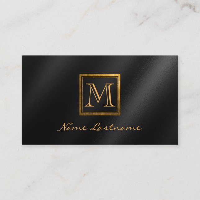 Elegant Black Gradient Square Gold Monogram Notary Business Card (Front)