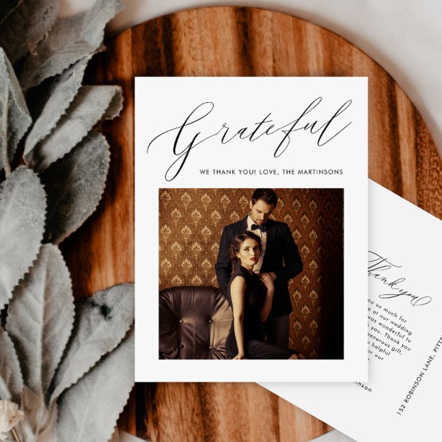 Elegant Black Grateful Script Photo Wedding Postcard (Creator Uploaded)