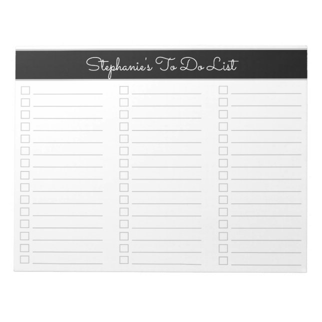Elegant Black Gray 8.5x11 Three Column Checklist Notepad (Front)