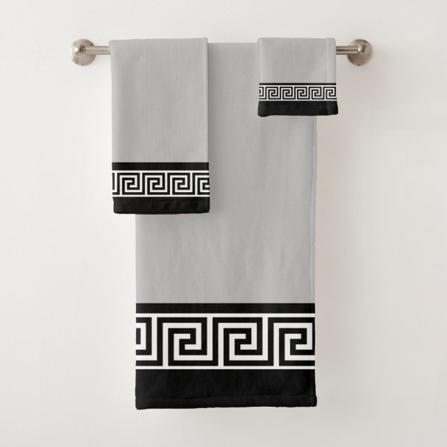 Elegant Black Greek Pattern on Light Grey & Black Bath Towel Set (Insitu)