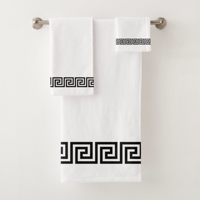 Elegant Black Greek Pattern on White Bath Towel Set (Insitu)