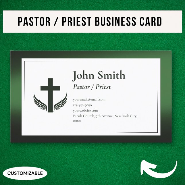 Elegant Black Green Church Pastor Priest Business Card (Creator Uploaded)