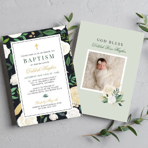 Elegant Black Green Gold Floral Girl Baptism Invitation