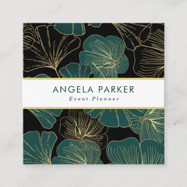 Elegant Black Green Gold Outline Ginkgo Leaves Square Business Card (Front)