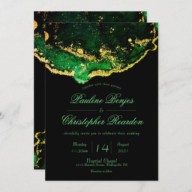 Elegant Black Green Gold Wedding Invitation (Front/Back)