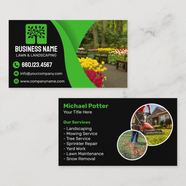 Elegant Black Green Landscaping Lawn Care Service Business Card (Front/Back)