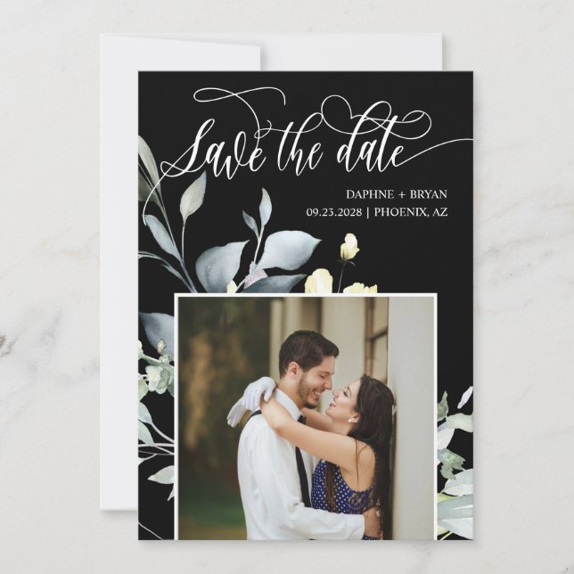 Elegant Black Green Leaves QR Code Photo Wedding Save The Date (Front)