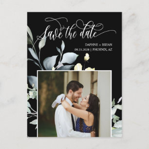 Elegant Black Green Leaves QR Code Save the Date Announcement Postcard