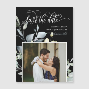 Elegant Black Green Leaves Save the Date Magnet