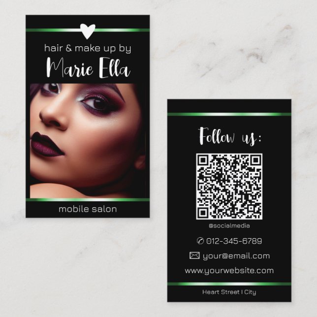 Elegant Black Green Lines Photo QR Code Template  Business Card (Front/Back)