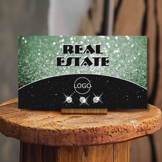 Elegant Black Green Sparkle Glitter Diamonds Logo Business Card (Creator Uploaded)